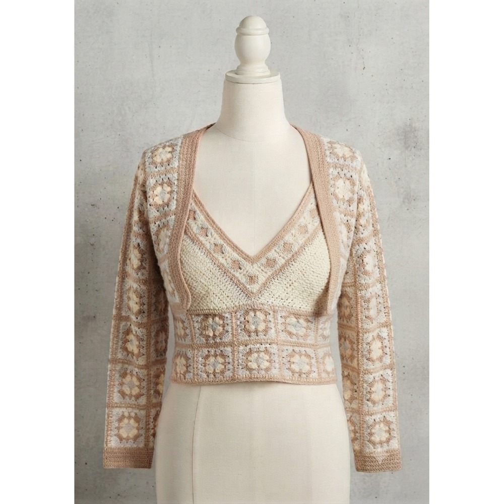 Venus Crochet 2 Piece Set Granny Square Crop Top and Cardigan Shrug Beige Medium